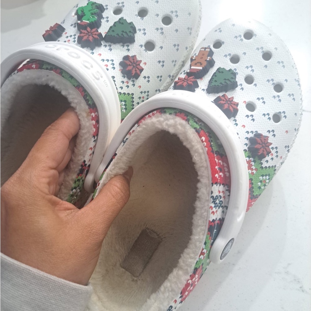 White Fleece-Lined crocs with Christmas Charms